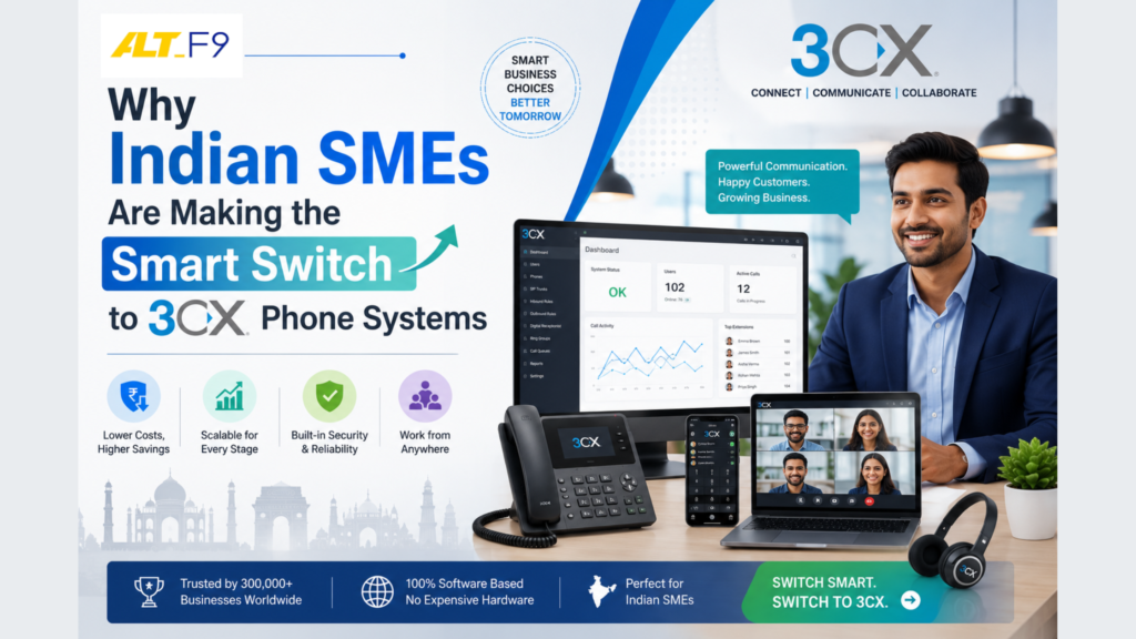 Professional 3CX business communication banner featuring Indian SME professionals, IP phones, video conferencing, mobile integration, and a 3CX dashboard, highlighting cost savings, scalability, security, and remote work capabilities.