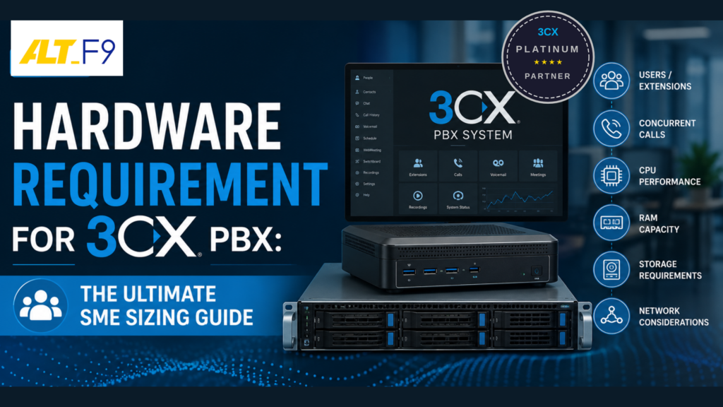 "Professional technology blog banner featuring a 3CX PBX system hardware setup with a server rack, mini PC, and monitor displaying the 3CX interface. The design highlights hardware requirements for 3CX PBX deployments, including CPU performance, RAM capacity, storage, concurrent calls, user extensions, and network considerations. Blue corporate theme with modern IT infrastructure visuals and the title 'Hardware Requirement for 3CX PBX: The Ultimate SME Sizing Guide.'"