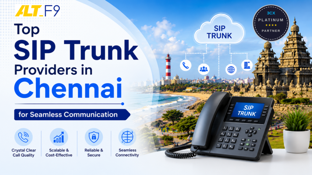 Top SIP Trunk Providers in Chennai for Seamless Communication banner featuring a modern SIP desk phone, cloud-based SIP trunk network illustration, Chennai coastline and temple landmark, and icons representing crystal-clear call quality, scalability, security, and seamless connectivity in a professional blue-and-white corporate design.