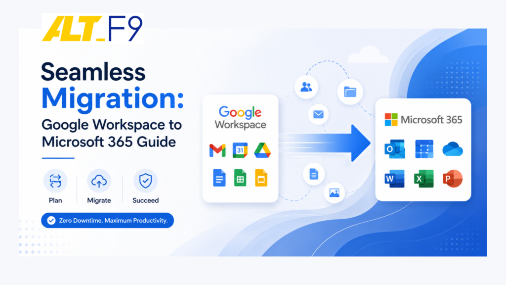 “A clean and modern featured image illustrating a seamless migration from Google Workspace to Microsoft 365. The design features Google Workspace icons on the left transitioning with a large blue arrow toward Microsoft 365 apps on the right, symbolizing smooth data and collaboration migration. The banner uses a professional blue-and-white color scheme with cloud and connectivity graphics, alongside the title ‘Seamless Migration: Google Workspace to Microsoft 365 Guide’ and icons representing planning, migration, and success.”