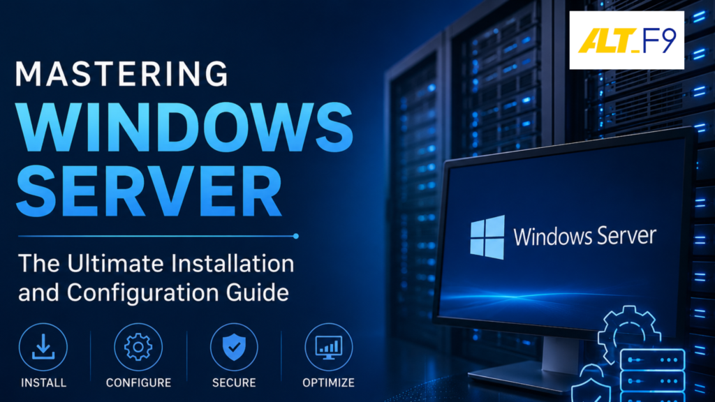 “Mastering Windows Server: The Ultimate Installation and Configuration Guide” banner featuring a modern server room setup, glowing blue Windows Server interface on a monitor, and icons representing installation, configuration, security, and optimization. The design uses a futuristic dark blue theme with clean typography and professional IT infrastructure visuals.