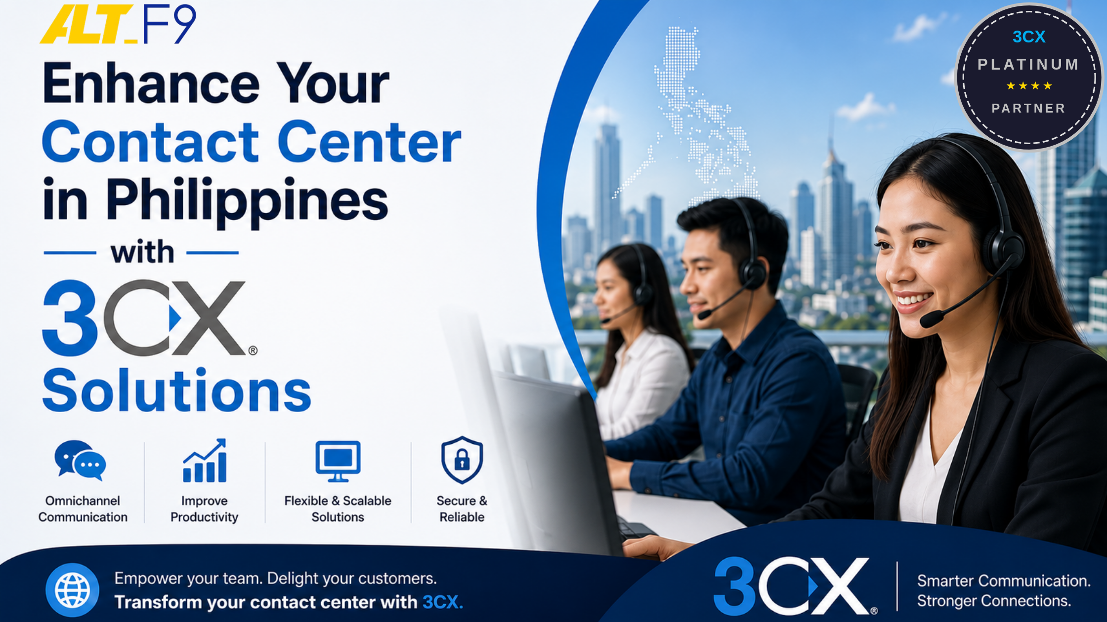 Professional contact center team in the Philippines using 3CX solutions, featuring customer support agents with headsets in a modern office environment, alongside icons highlighting omnichannel communication, productivity improvement, scalable solutions, and secure business communications.