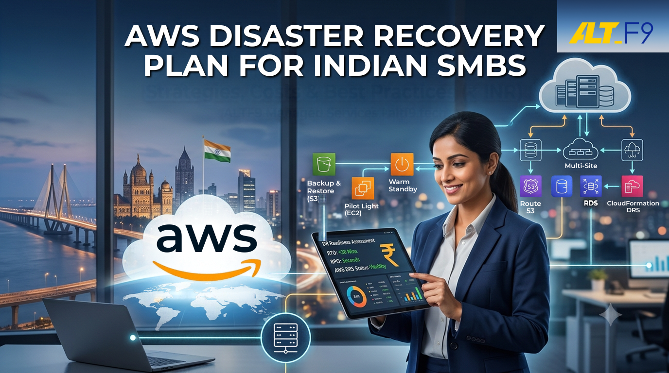 Professional businesswoman pointing to a tablet displaying a DR Readiness Assessment dashboard, featuring AWS disaster recovery strategies (Backup & Restore, Pilot Light, Warm Standby, Multi-Site) and services like Route 53, RDS, and CloudFormation DRS and an AWS logo in the background.