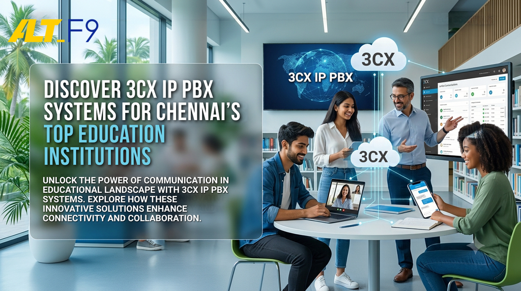 "Blog feature image titled 'Discover 3CX IP PBX Systems for Chennai's Top Education Institutions'. A diverse group of students and faculty are collaborating around a table and digital whiteboard, using laptops and smartphones connected by 3CX cloud technology."