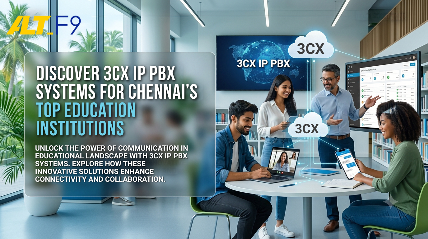 "Blog feature image titled 'Discover 3CX IP PBX Systems for Chennai's Top Education Institutions'. A diverse group of students and faculty are collaborating around a table and digital whiteboard, using laptops and smartphones connected by 3CX cloud technology."